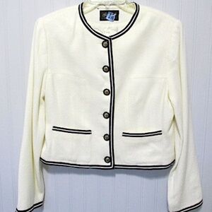 Ivory Cropped Jacket with Black Accents, Chanel-style, Size 8